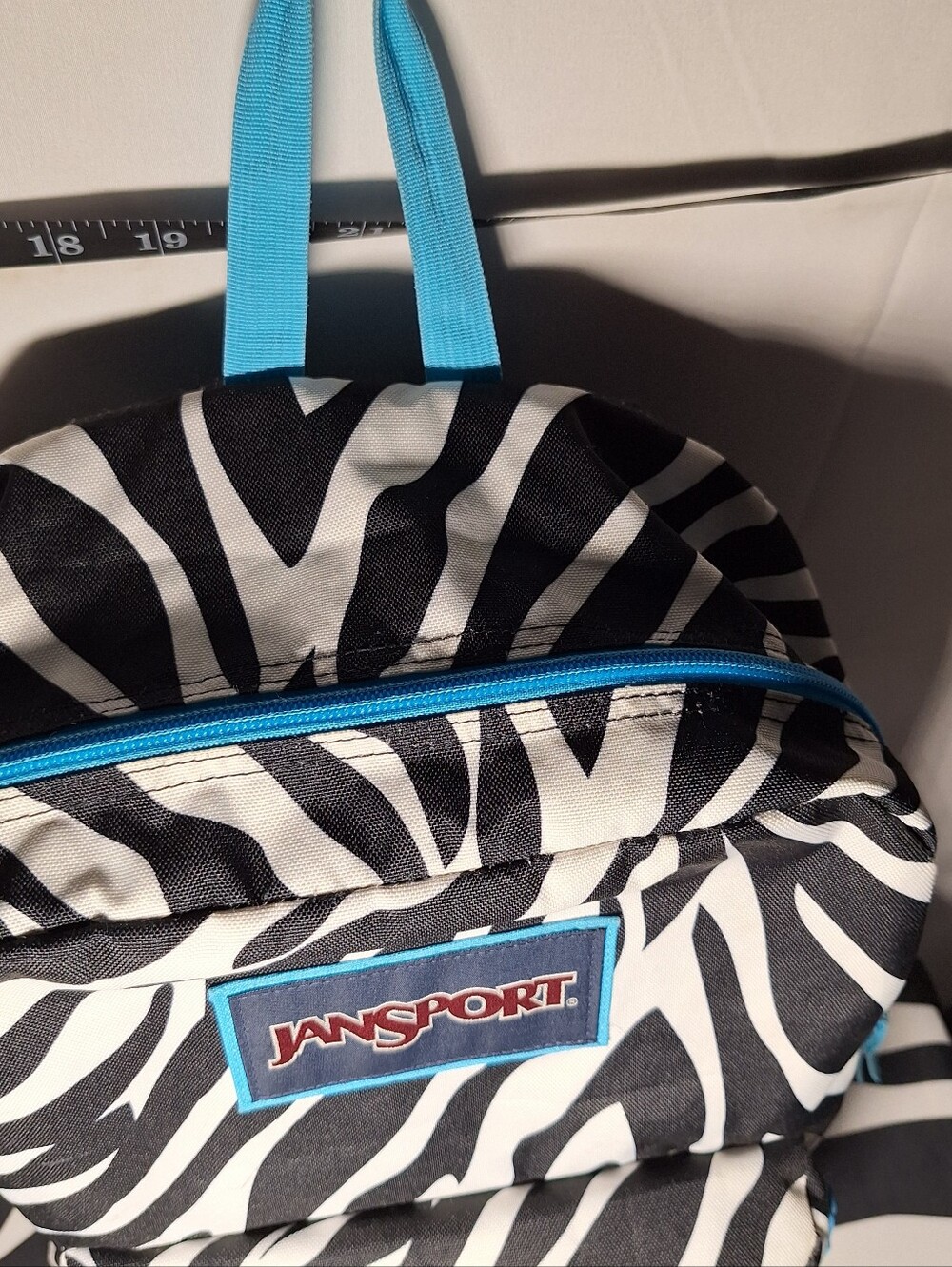 Jansport Backpack, Zebra Stripes, Black & White w/Blue Accents - Picture 3 of 16